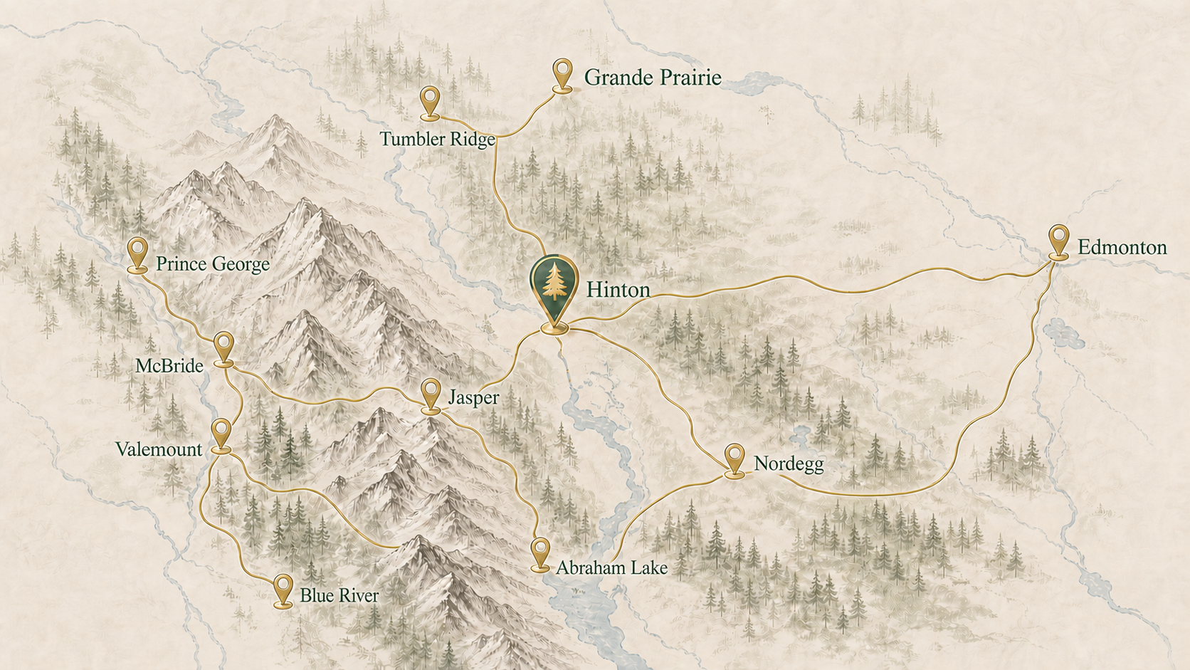 Illustrated map of the Meadows & Mountains Wedding Fair region, spanning Edmonton, Hinton, Jasper, Grande Prairie, Prince George, Tumbler Ridge, McBride, Valemount, Blue River, Abraham Lake and Nordegg.